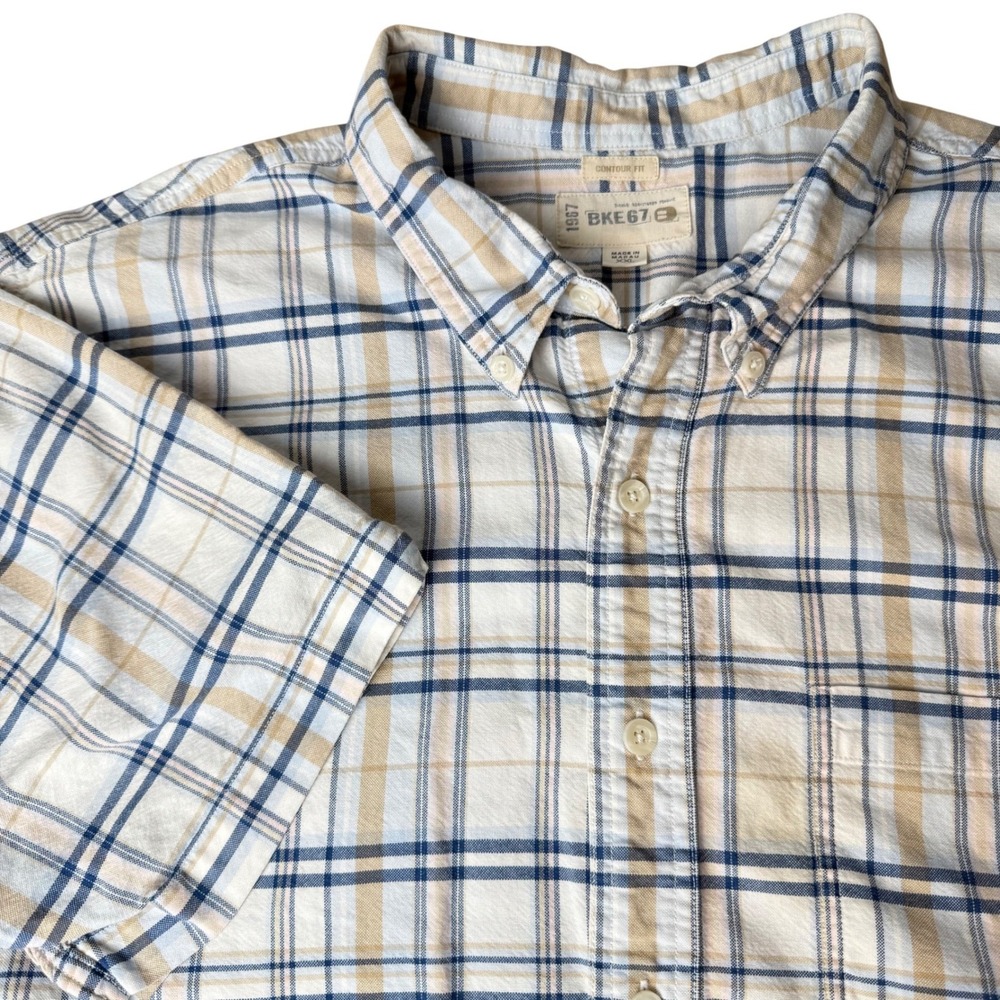 BKE 67 Plaid Button Down Shirt Womens XXL Blue Tan Contour Fit Short Sleeve
